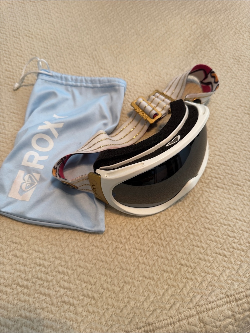 Roxy White Frame Ski Goggles with Black Lens and Pink Strap Accents